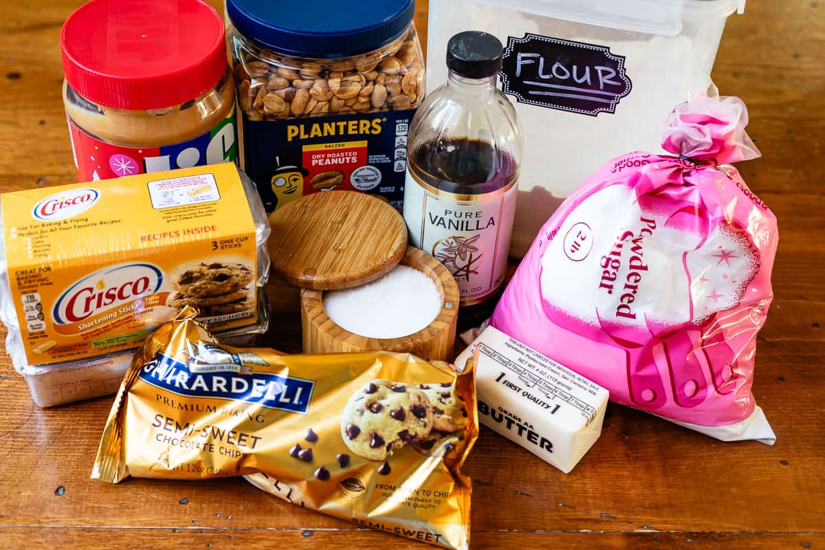 all the ingredients to make buckeye candy - powdered sugar, chocolate chips, peanut butter, etc.