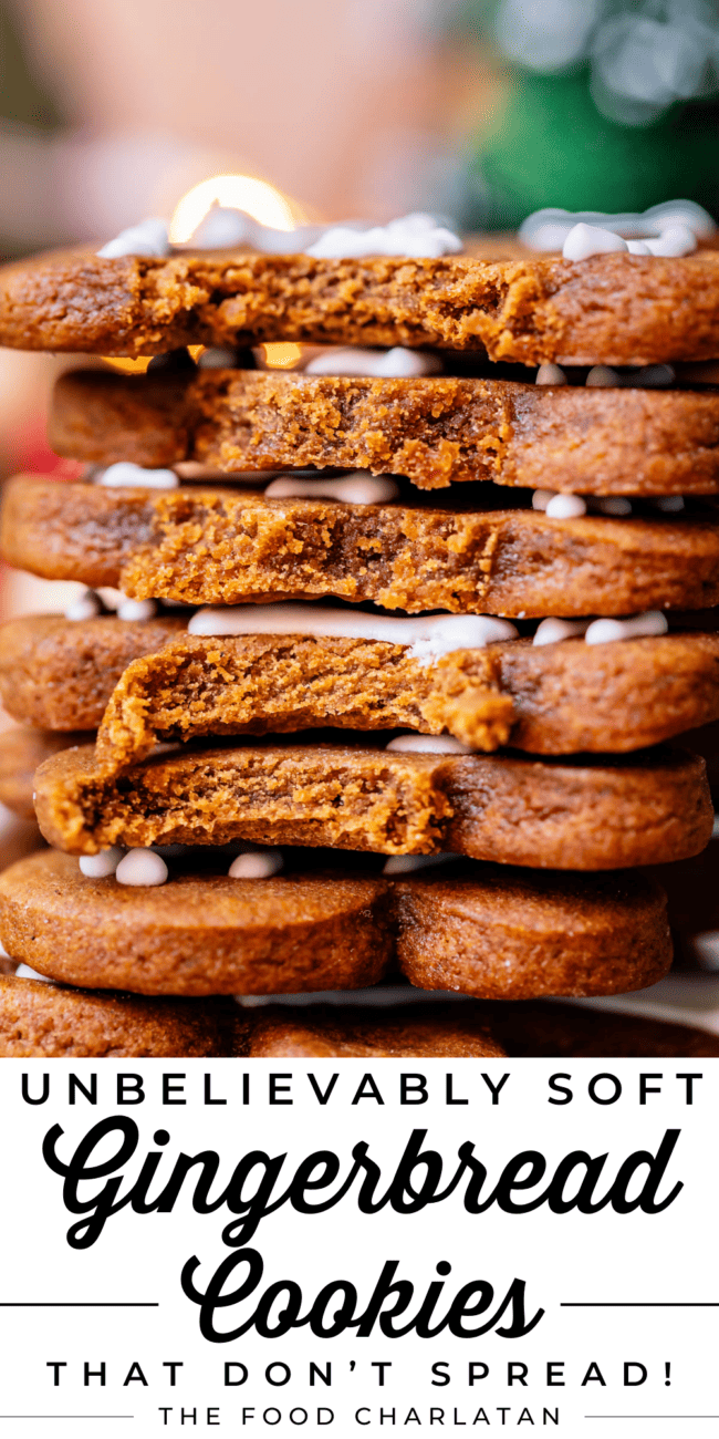stack of chewy gingerbread cookies with bites taken out.