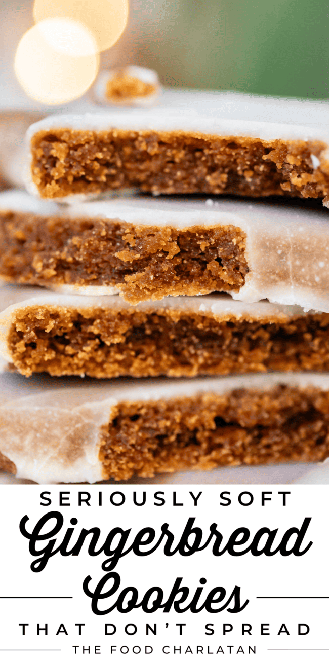 stack of chewy gingerbread cookies with glaze.