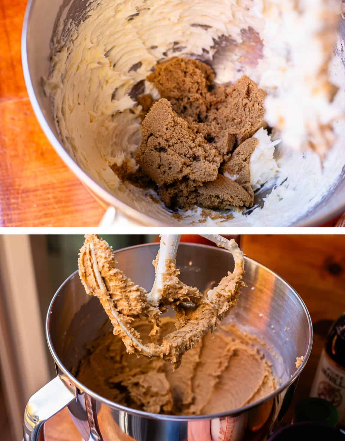 top brown sugar added to creamed butter in mixing bowl, bottom sugar & butter creamed together.