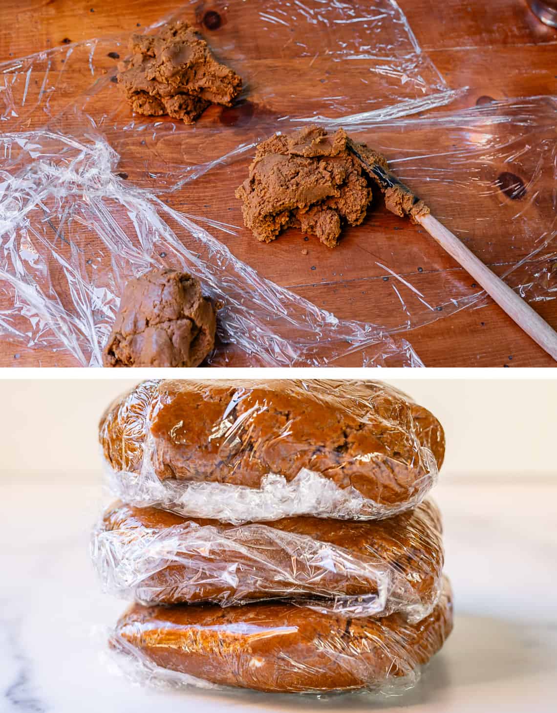 top laying 1/3 of the dough on plastic, bottom dough shaped into disc and wrapped in plastic.