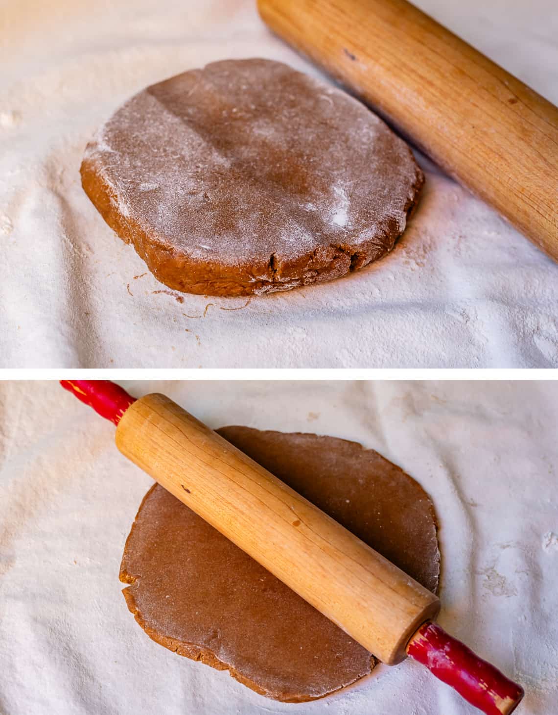 top dough pounded by a rolling pin, bottom rolling the dough out with the rolling pin.
