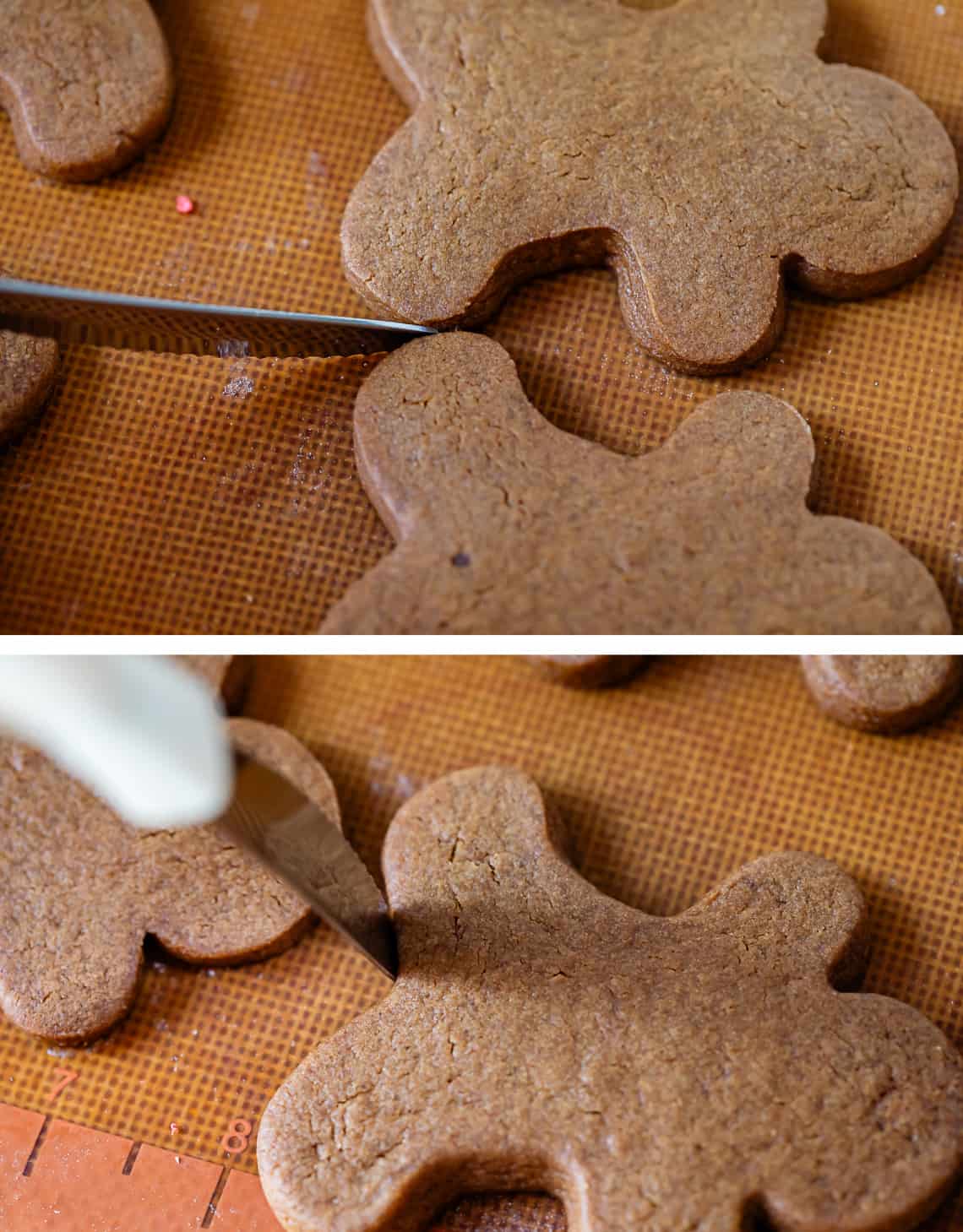top knife separating two baked cookies, bottom knife pressing the side of a cookie in.