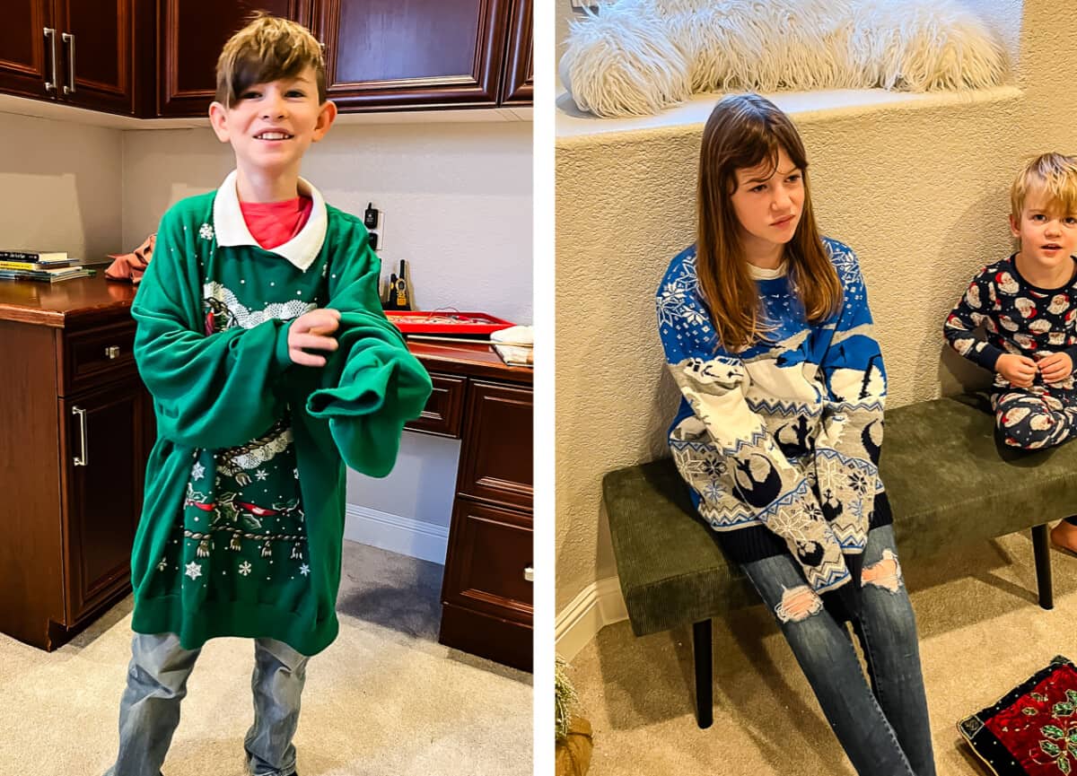 boy in a green sweater, girl in a blue sweater.