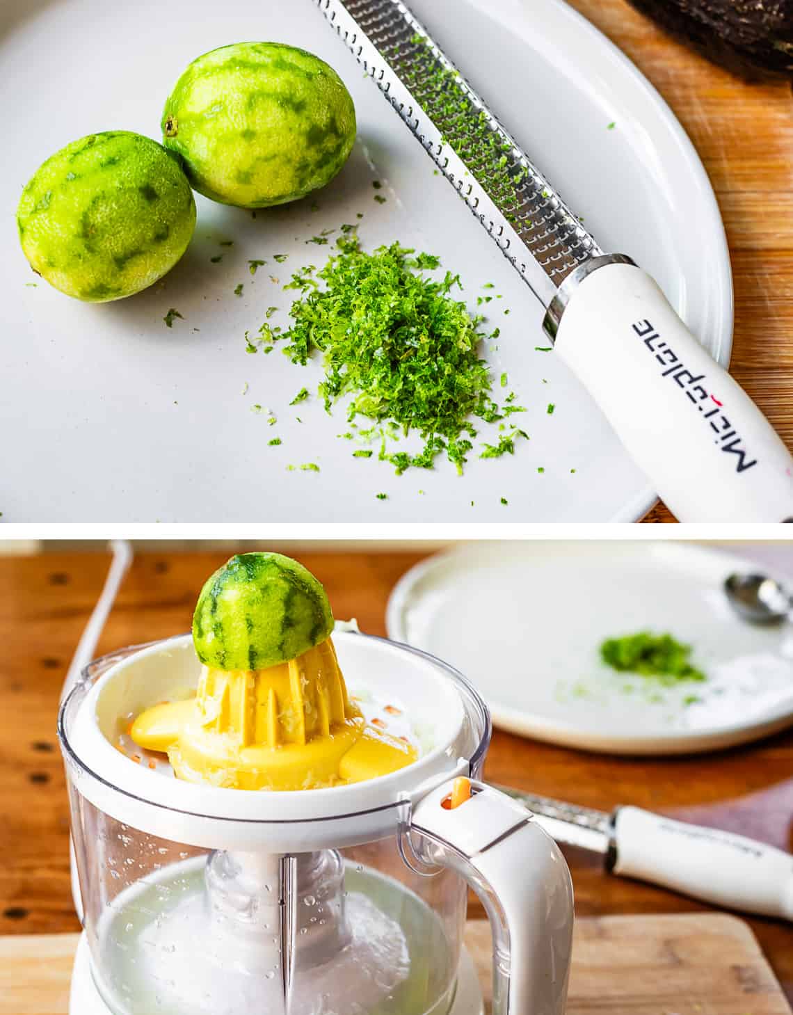 top two zested limes and a microplaner on a plate, bottom juicing a lime half.