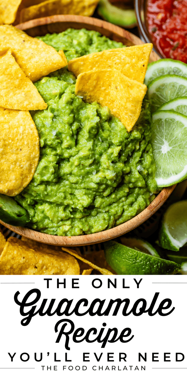 wooden bowl filled with guacamole and text the only guacamole recipe you'll ever need.
