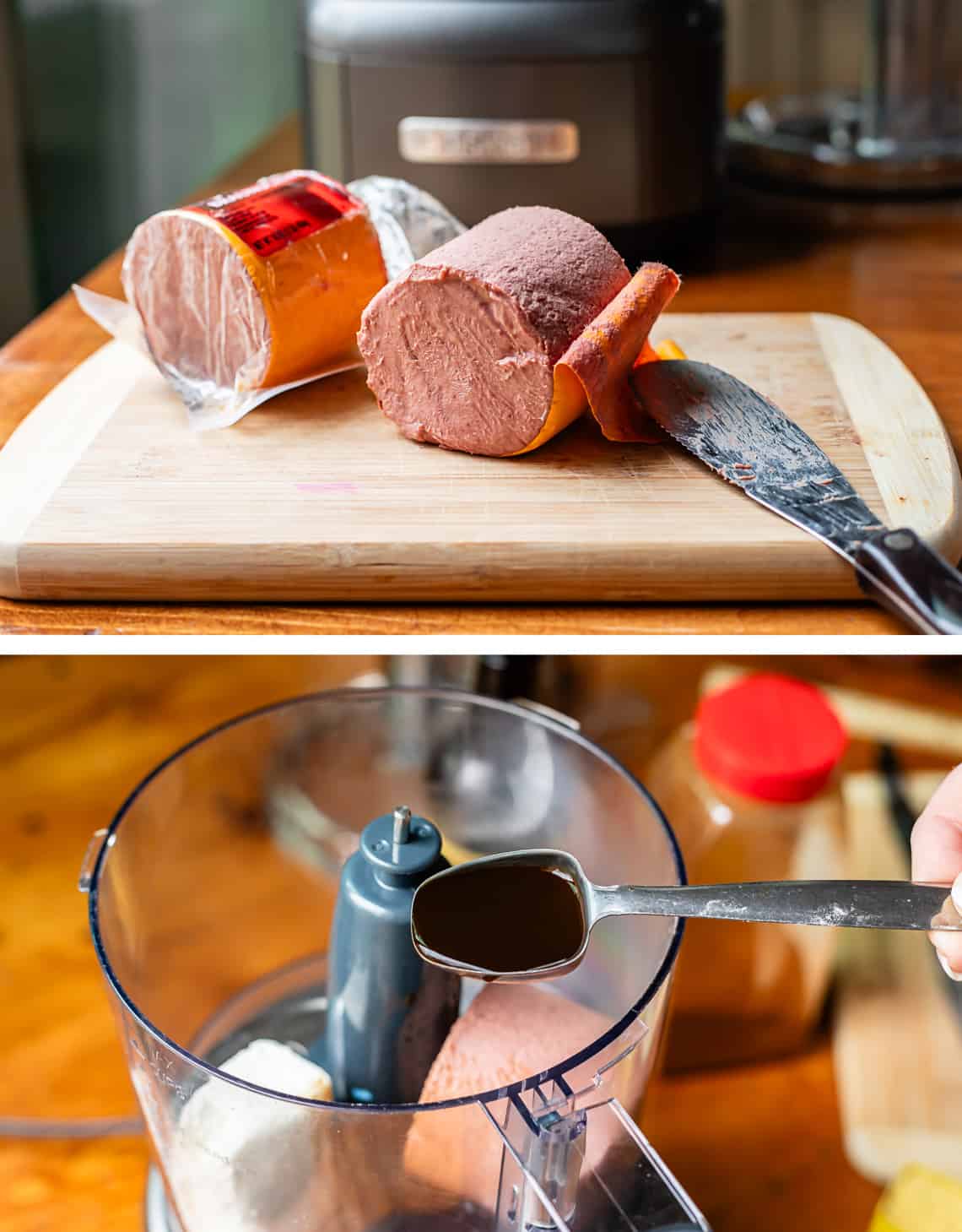 Prepping braunschweigher and ingredients for pate to be blended in food processor.