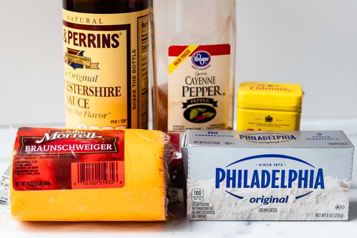 Ingredients including braunschweiger, cream cheese, worcestershire sauce, cayanne pepper, and mustard powder.