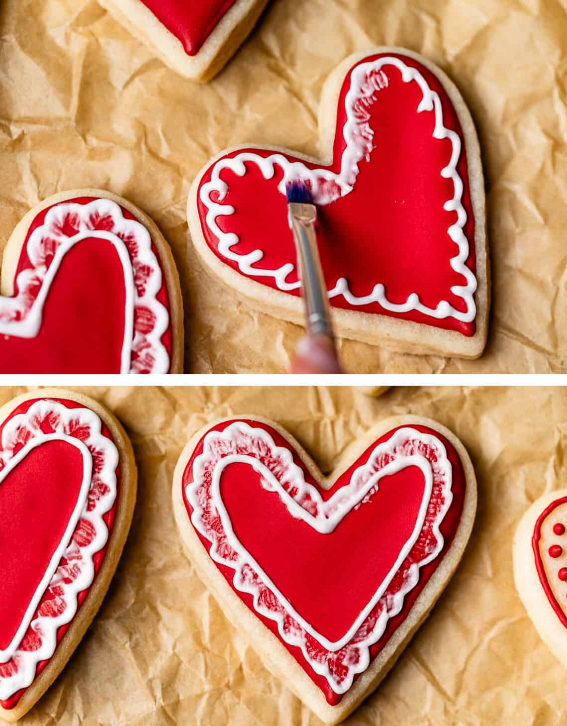 using a paintbrush to brush over frosting and create a lace affect on a cookie.