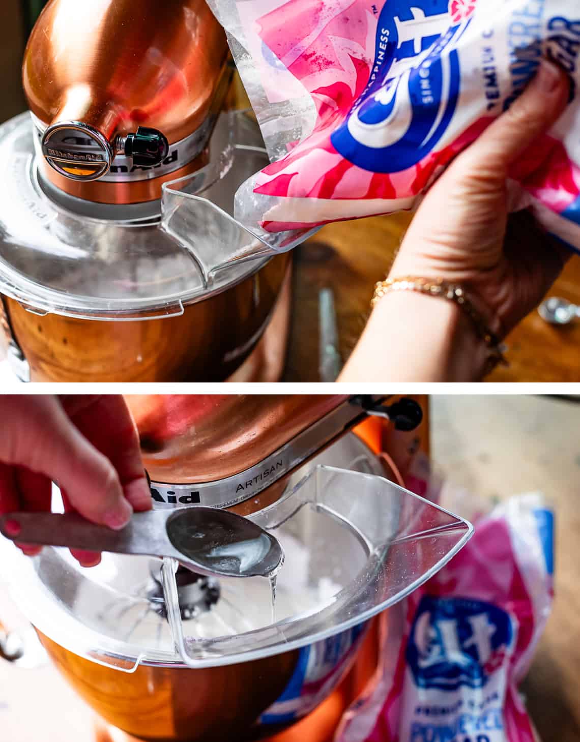 top adding powdered sugar to the mixing bowl, bottom adding corn syrup to the bowl.