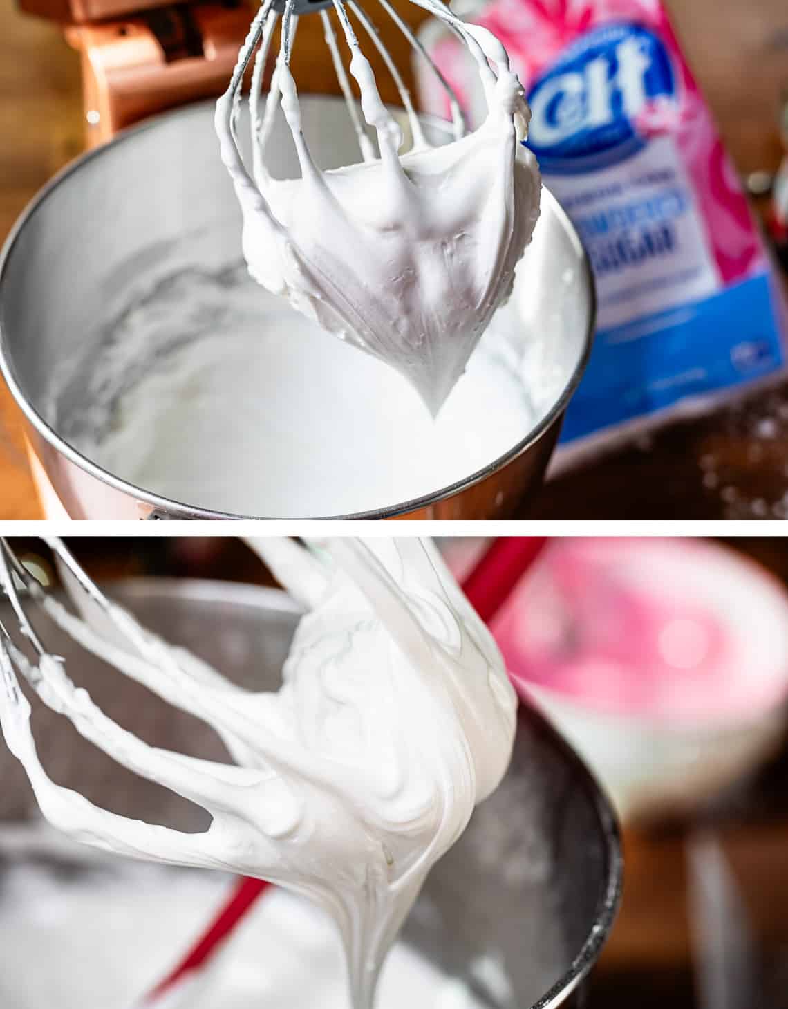 top slightly thinned base frosting on whisk, bottom close up of tilted whisk.