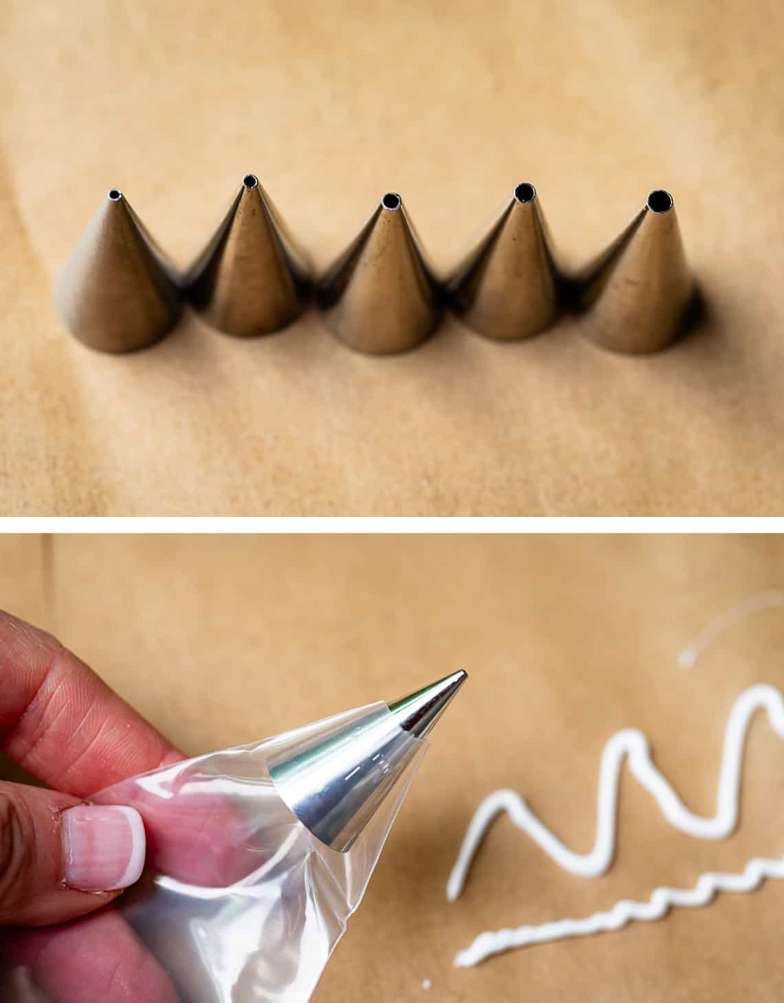 top five frosting tips lined up, bottom, frosting tip inside empty icing bag.
