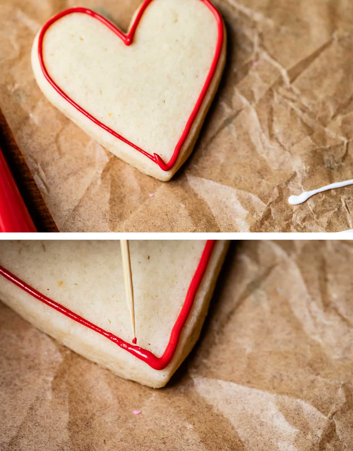top heart shaped cookie with red piped outline with a mistake, bottom toothpick fixing mistake.