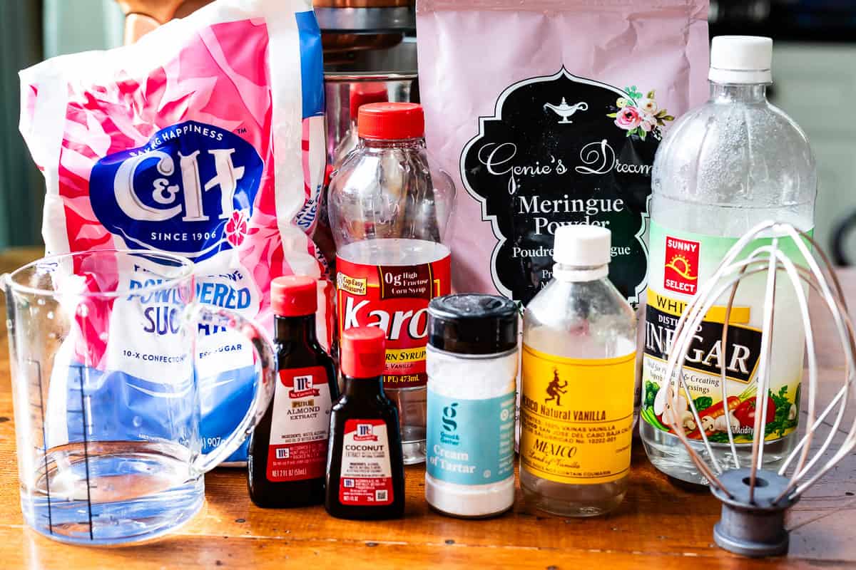 shot of ingredients for beginner's royal icing; powdered sugar, merengue powder, etc.