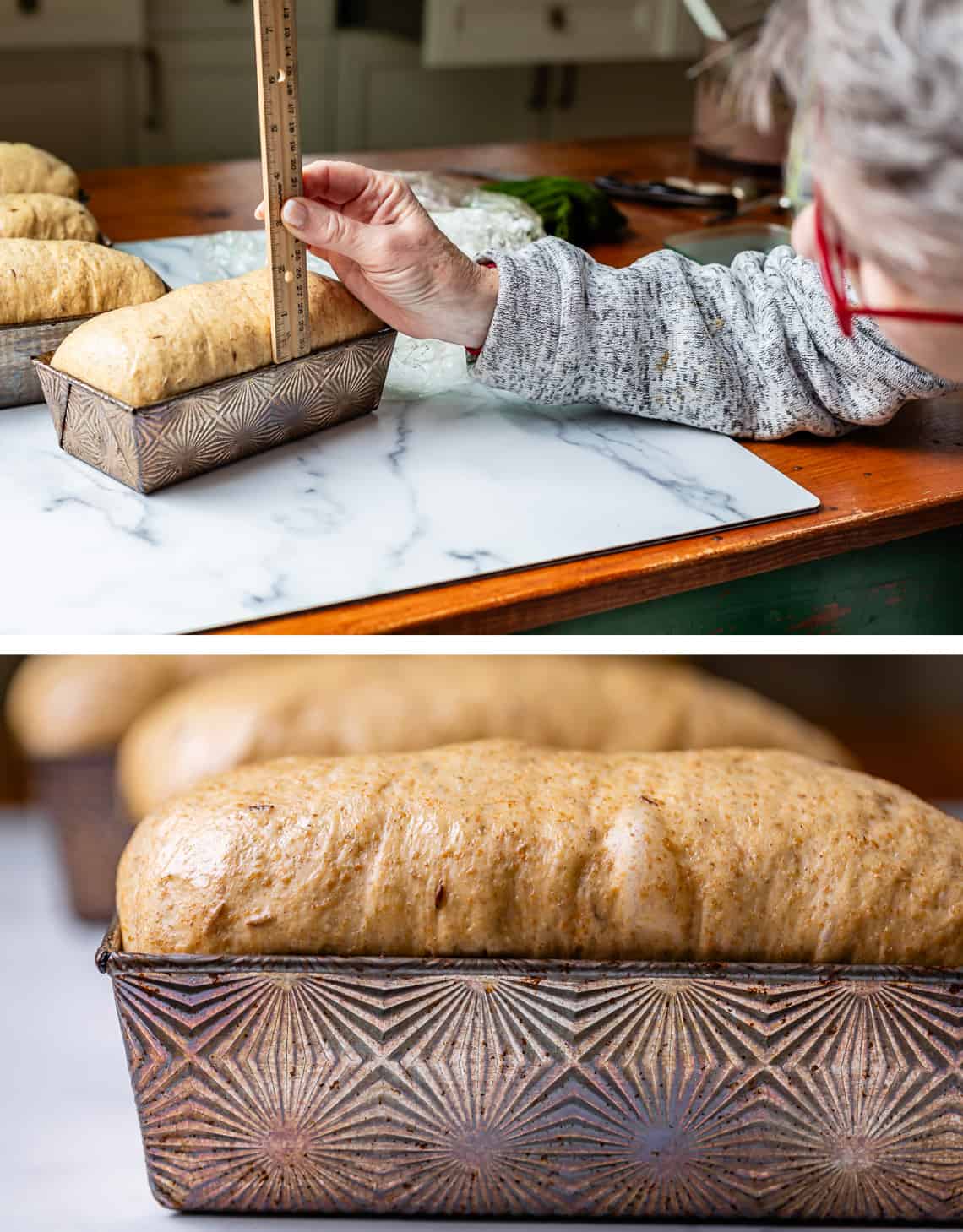 top measuring risen dough to see if it's 1 inch over, bottom, side view of risen dough.