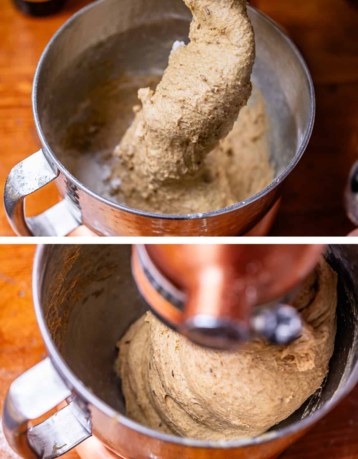 top kitchen aid head lifted to add flour, bottom head down and showing clean sides of bowl after mixing.