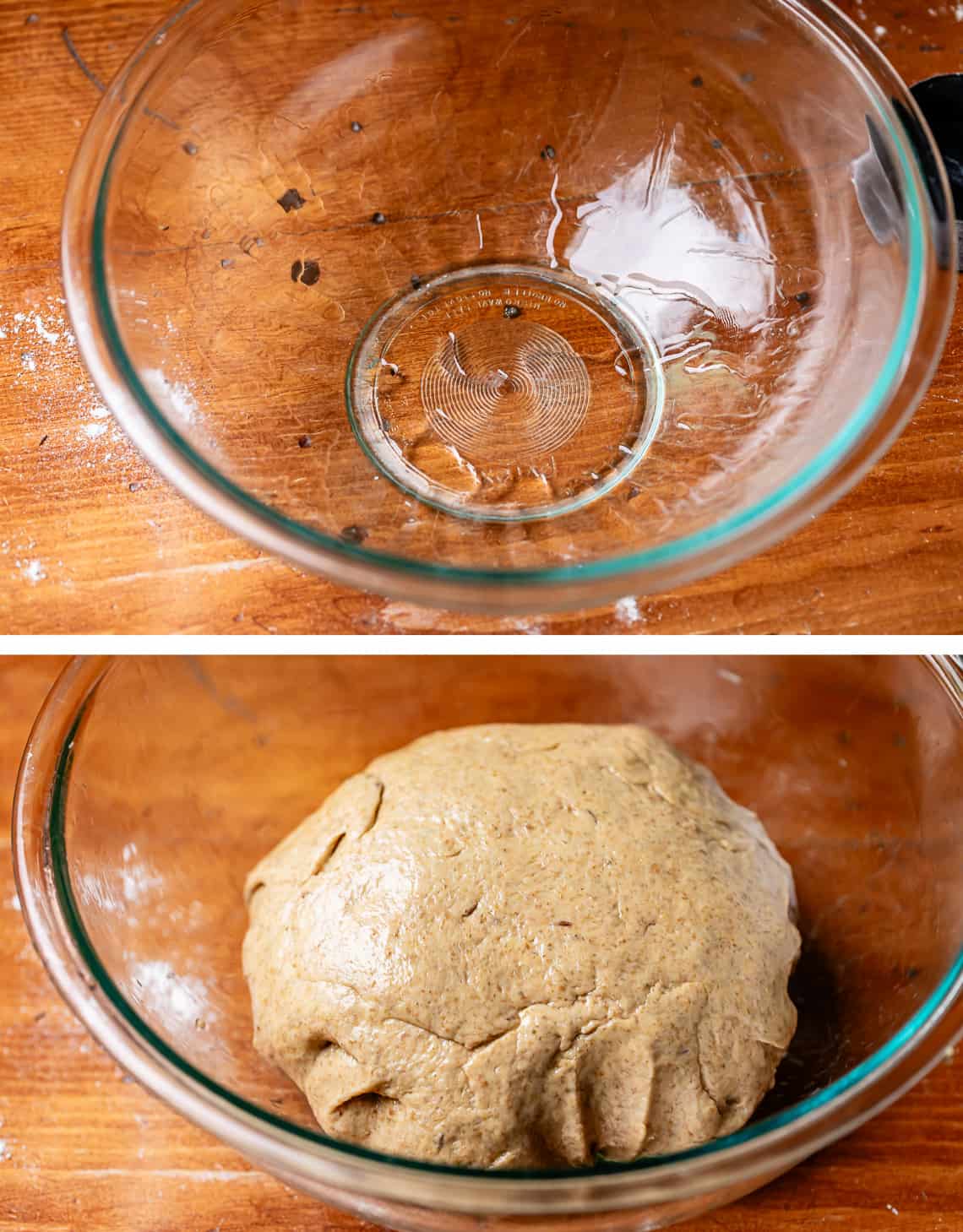 top oiled glass bowl, bottom rounded dough added to oiled bowl to rise.