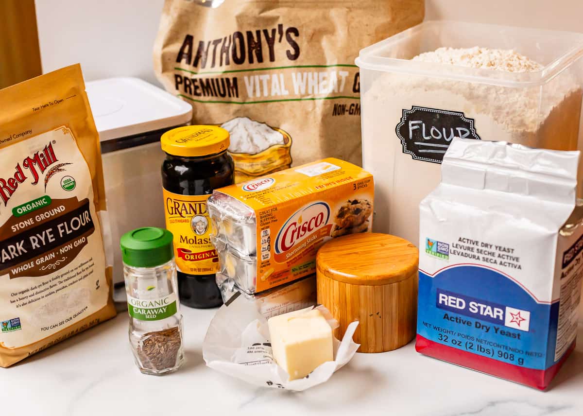 Ingredients needed for rye bread - flour yeast, flour, rye flour, etc.