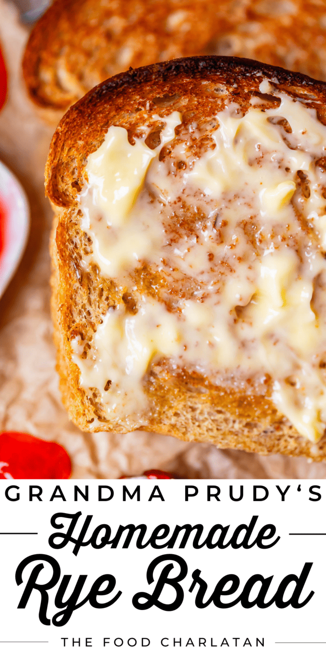 butter melting on a slice of rye bread toast.