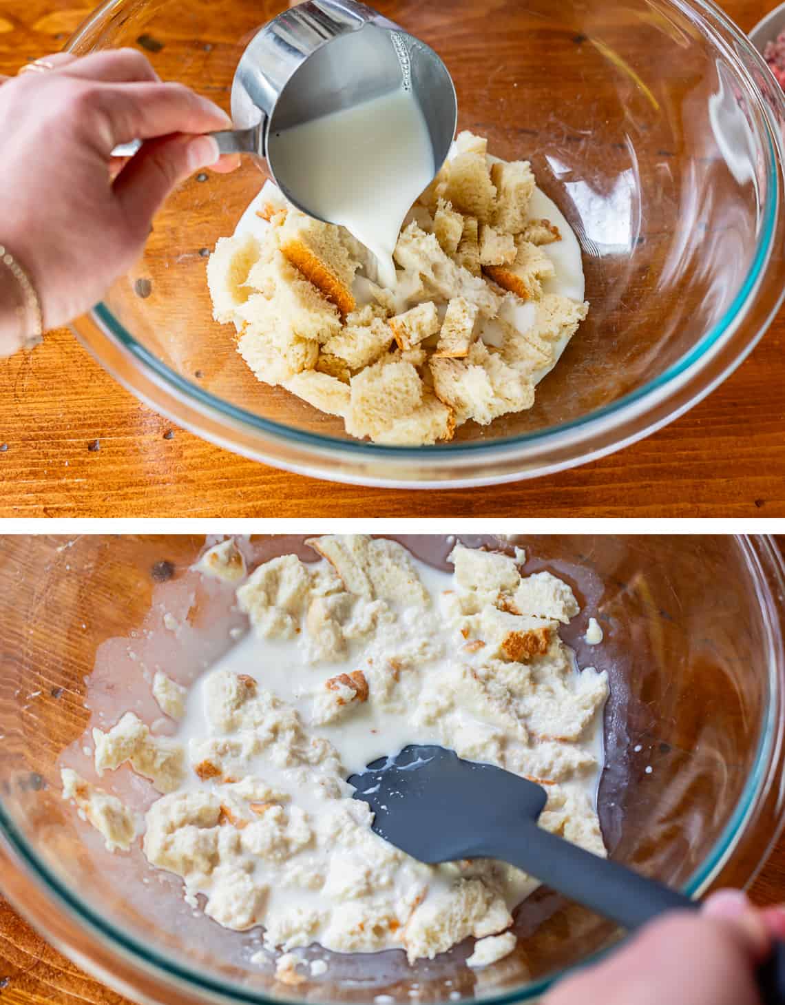 top pouring milk over torn white bread, bottom, mixing the two together.
