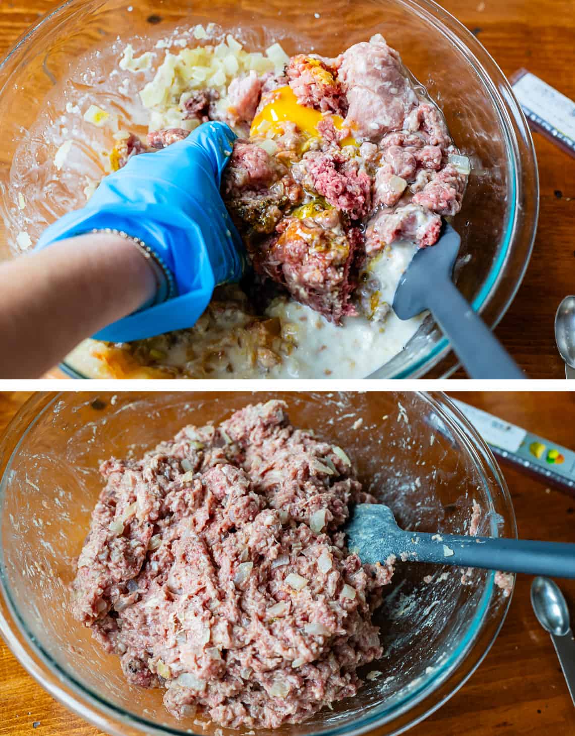 top hand in blue disposable glove mixing meatball ingredients. bottom all mixed.