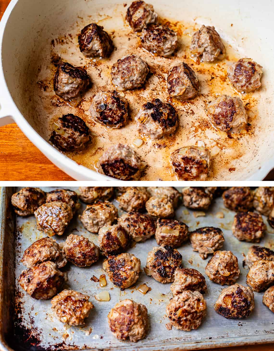 top frying meatballs in a large skillet, bottom fried meatballs transferred to a baking sheet.