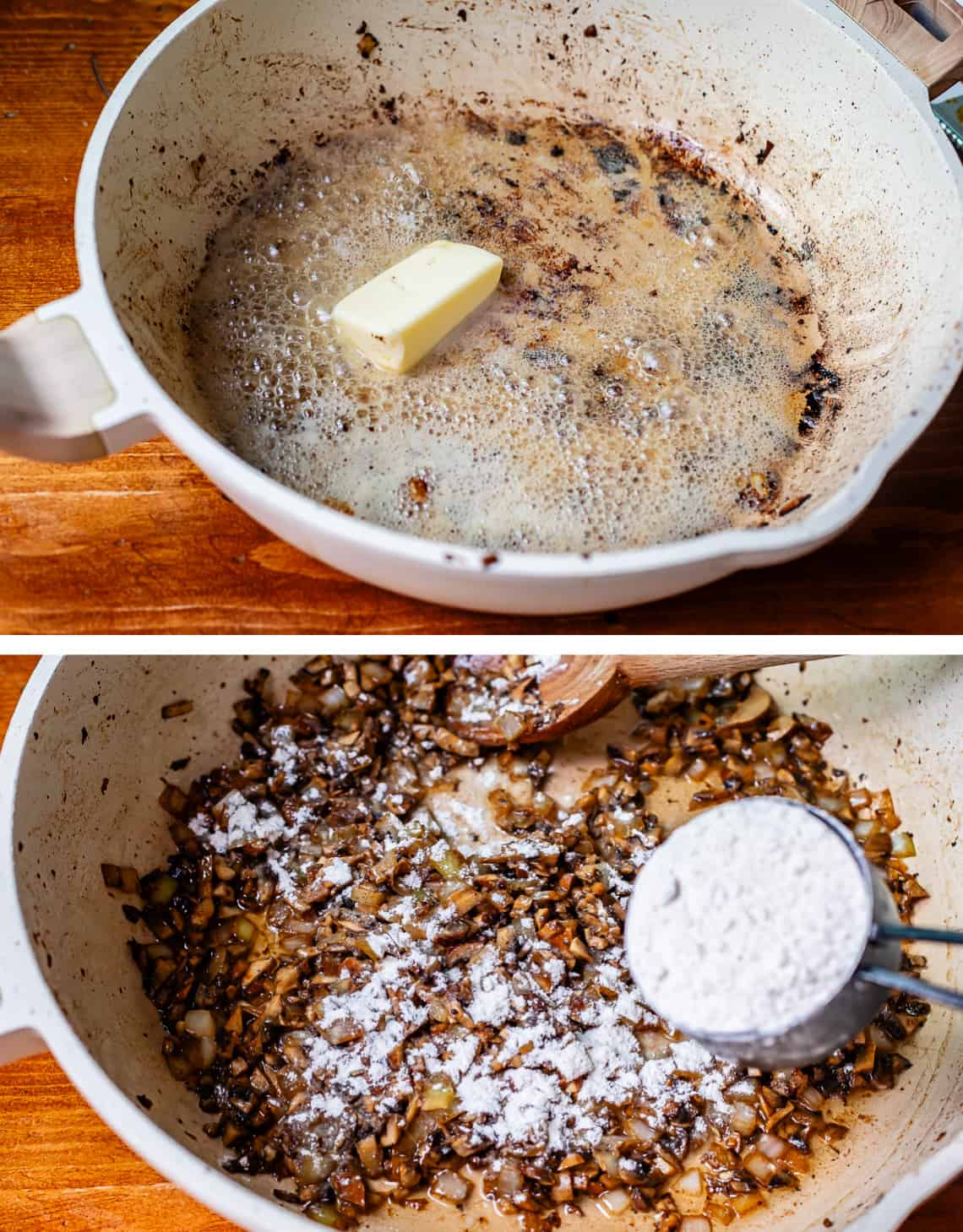 top a stick of butter melting in the meatball drippings, bottom adding flour over the top.