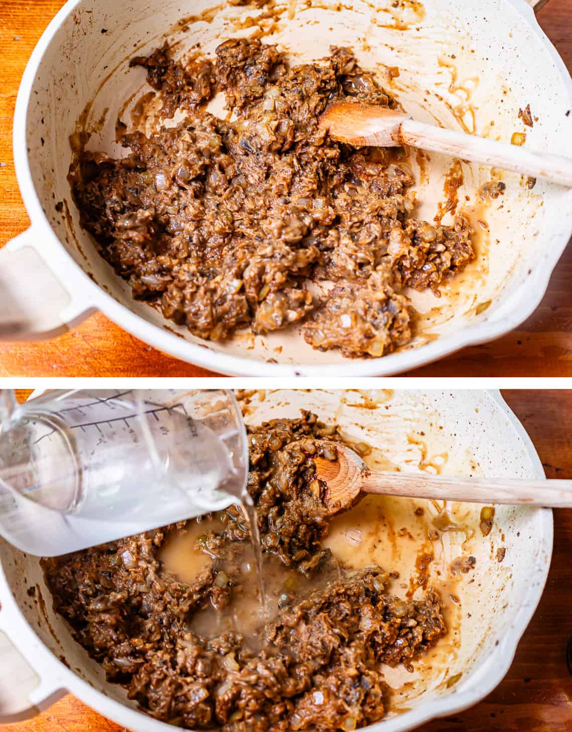 top roux mixture with butter, onions, mushrooms, flour bottom, pouring in water to make gravy.