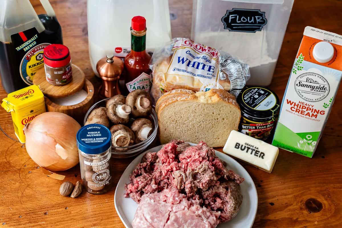 all the ingredients needed for Swedish meatballs - pork, beef, white bread, milk, nutmeg, etc.