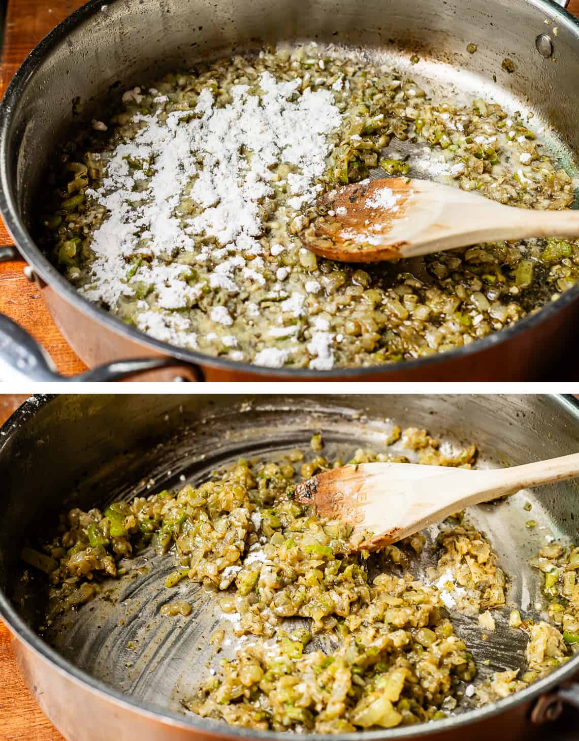 top flour added to sautéed onions and celery in skillet, bottom flour all mixed in and coating the veggies.