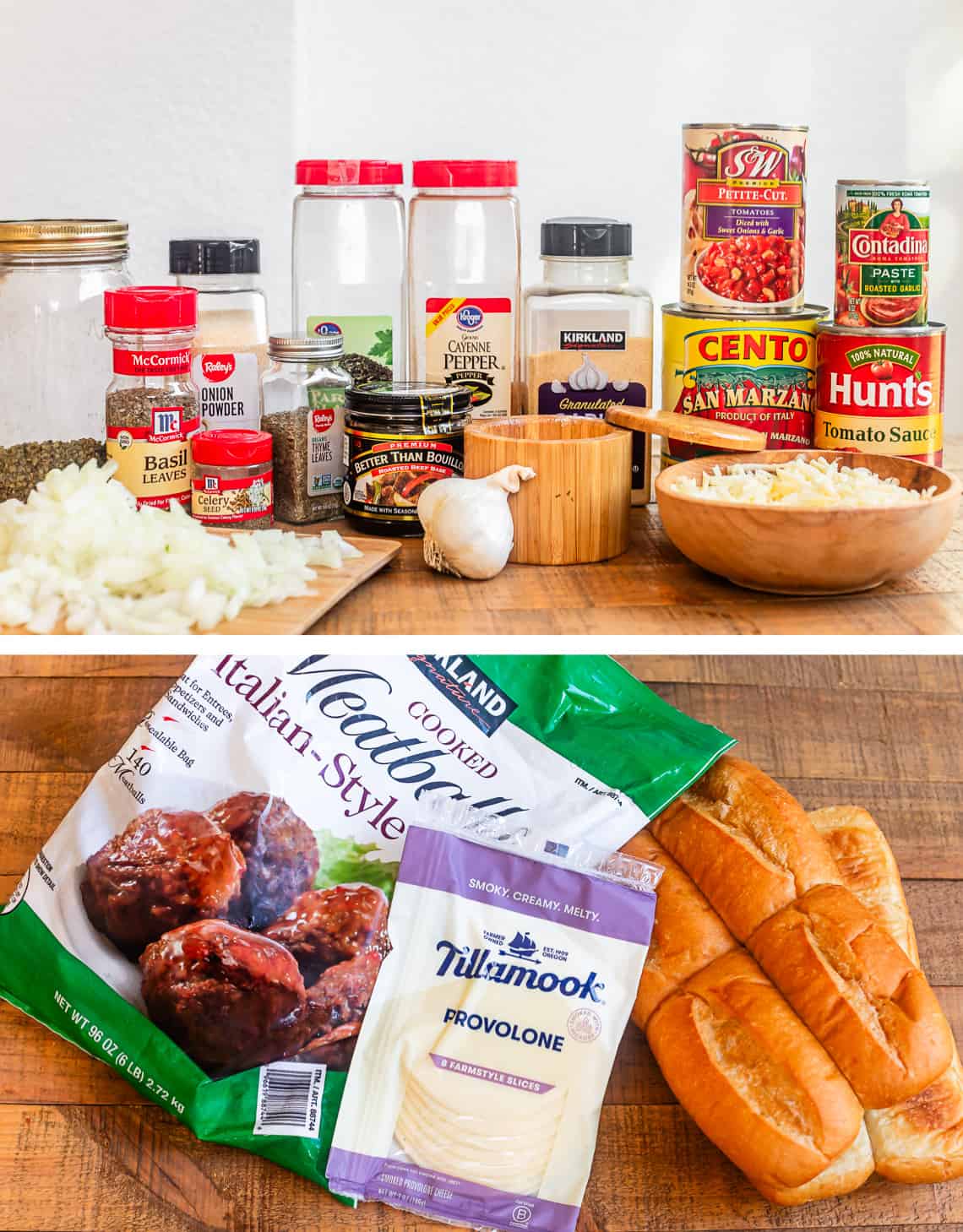 ingredients for marinara sauce, sub sandwich ingredients like bread and cheese.