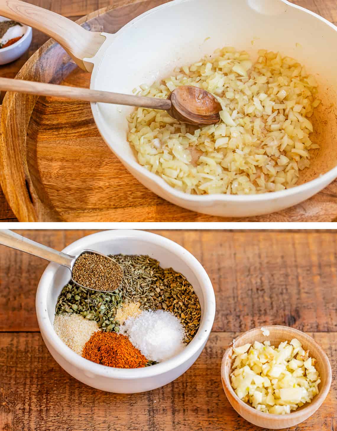 top onions cooking in pan, bottom spices in a small bowl, chopped garlic in another.