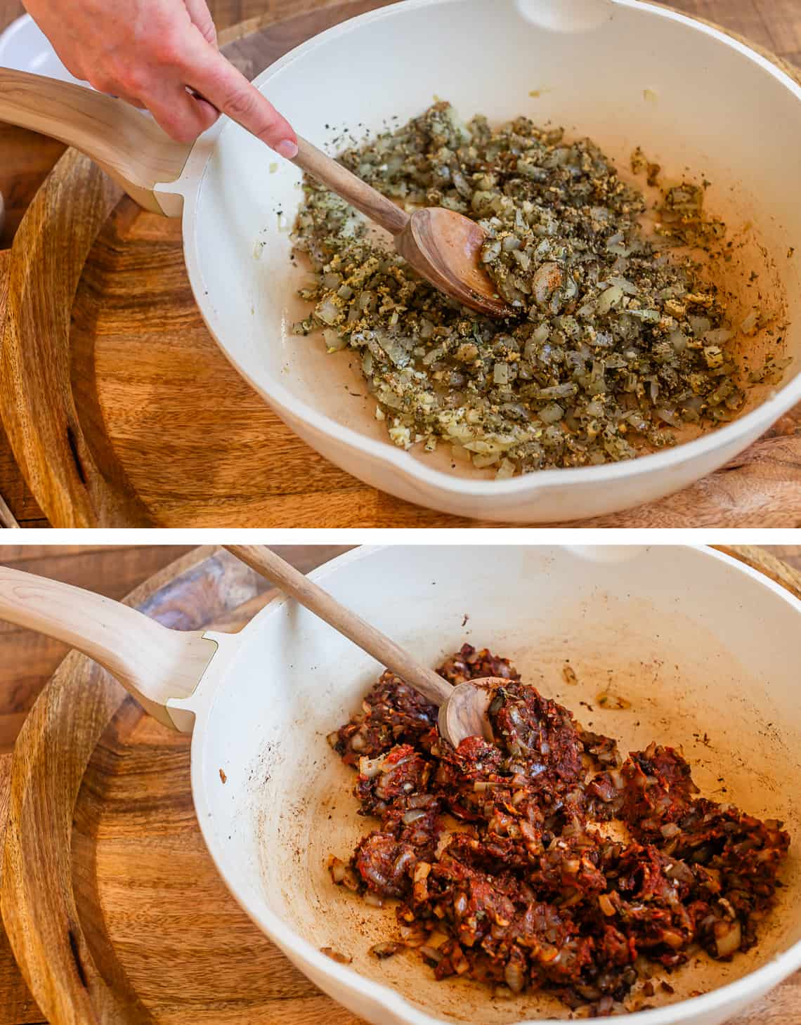 top spices mixed in with onions in the pan, bottom tomato paste added to onion & spice mixture.