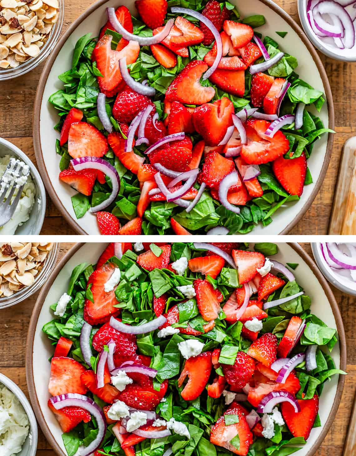 top sliced red onion added to top of salad, bottom goat cheese added to salad.