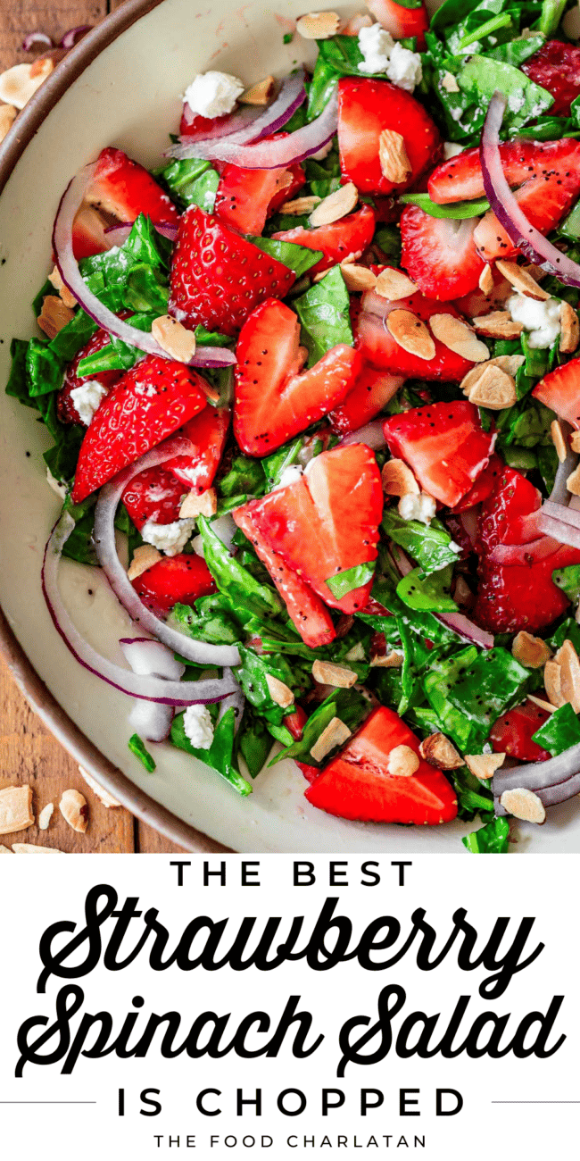 bowl with salad with text that says "the best strawberry spinach salad is chopped".