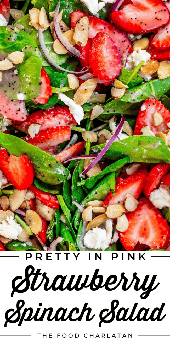 bright salad mix with text that says "pretty in pink strawberry spinach salad".