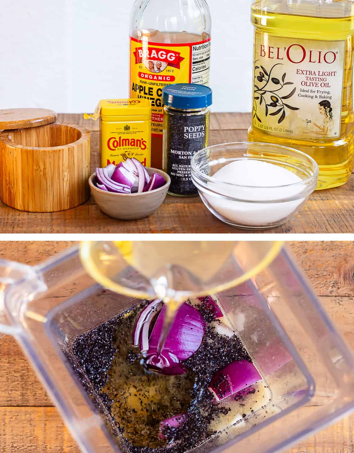 poppyseed dressing ingredients - apple cider vinegar, oil, onion, poppyseeds, etc.