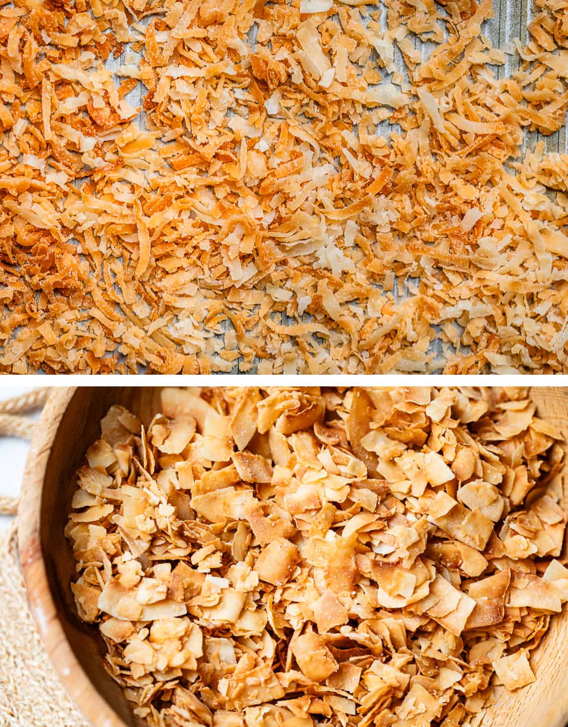 two photos of toasted coconut, one thin strands, the other large flakes.