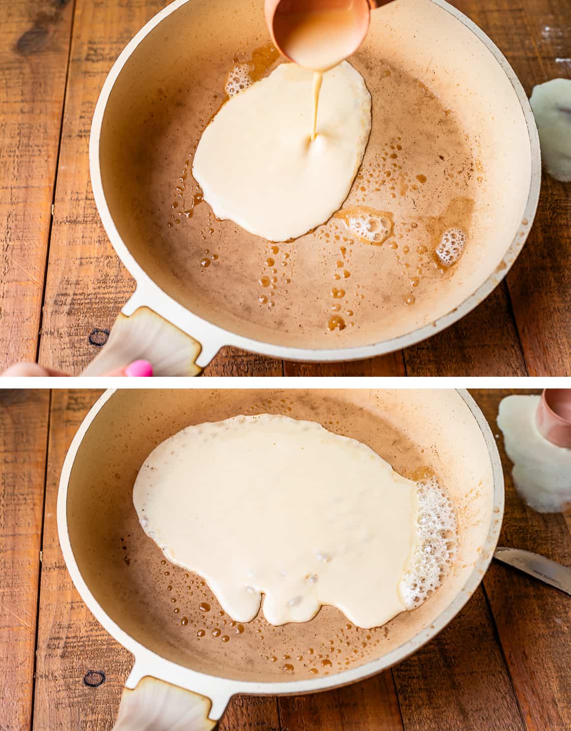 pouring batter into a frying ban coated with butter, then swirling the pan.