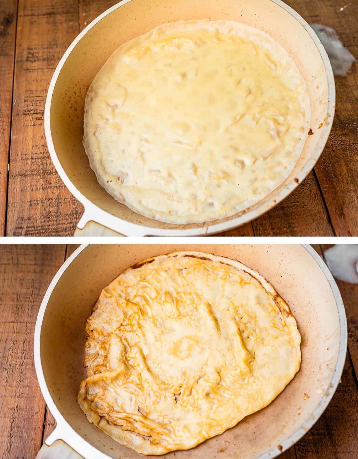 final crepe in a pan, ready to be flipped. Then a flipped browned crepe.