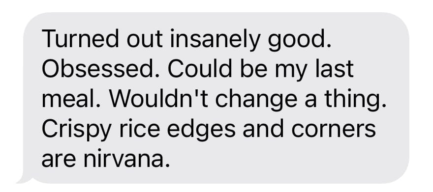 text message saying how good a recipe was.