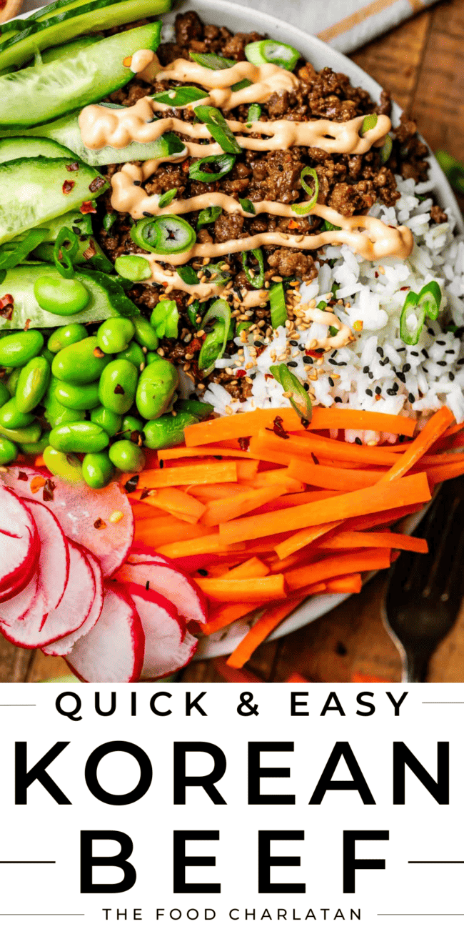 pinterest image with Korean beef bowl and text "quick & easy Korean Beef".