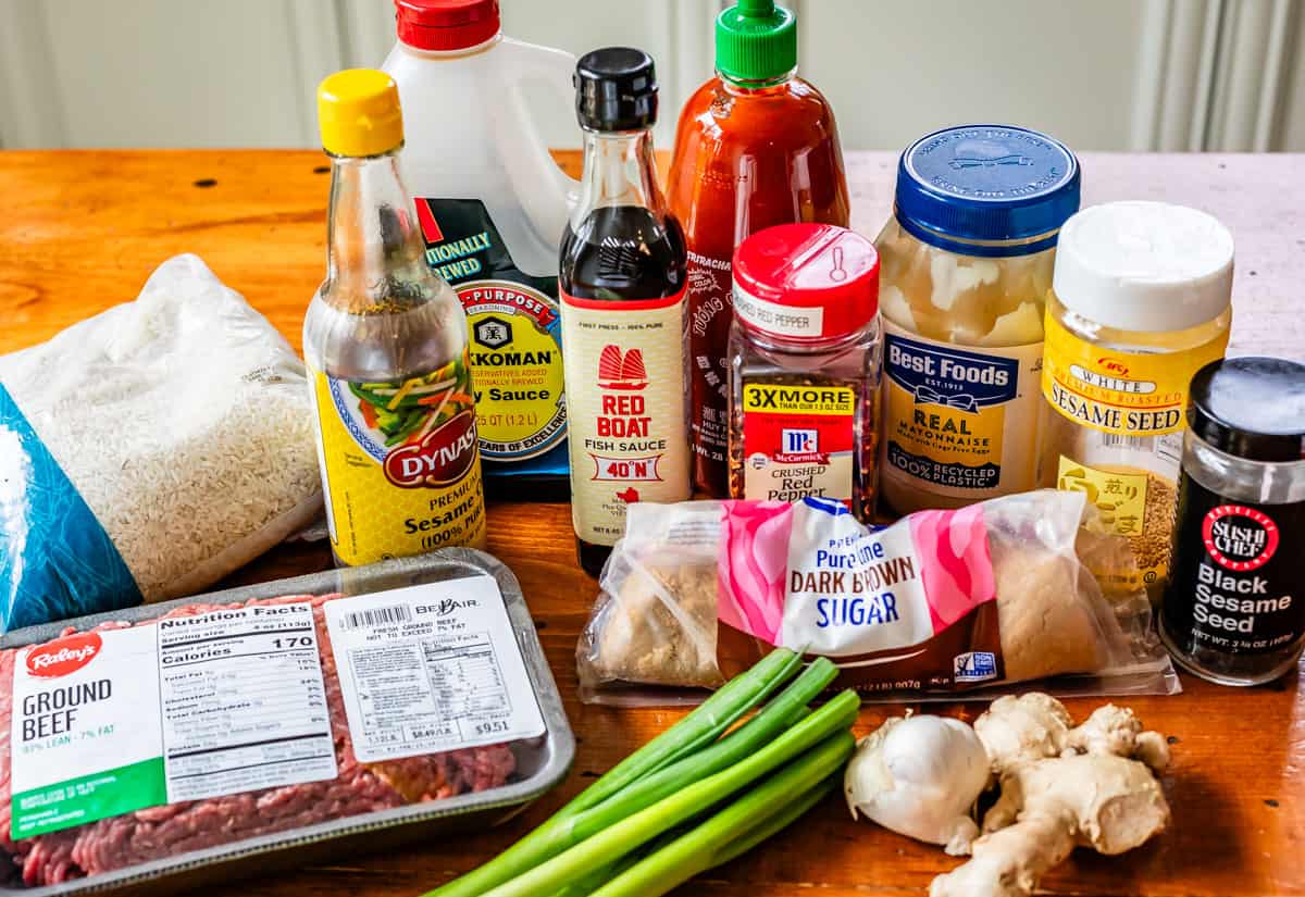 cast of ingredients for Korean beef including sesame oil, soy sauce, brown sugar, etc.
