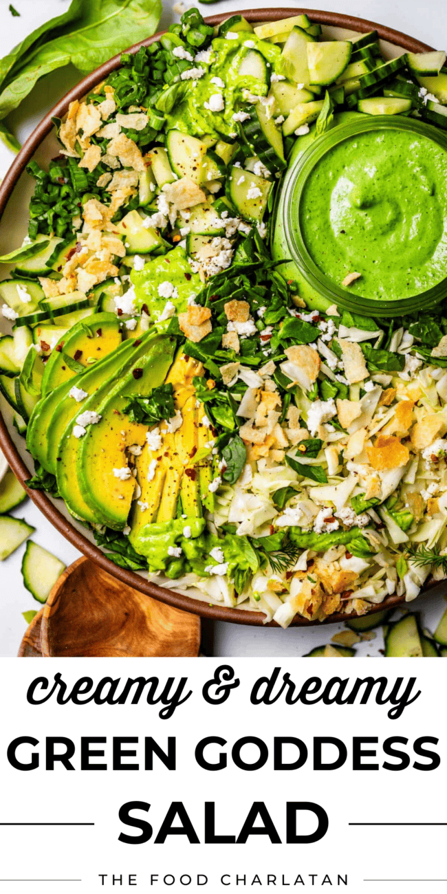 pin image green goddess salad with text "creamy & dreamy green goddess salad".