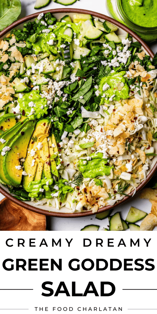 pinterest image of green goddess salad with text "creamy dreamy green goddess salad".
