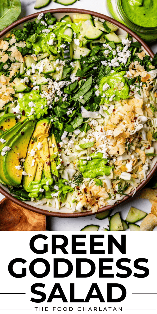 pinterest image green goddess salad with text "green goddess salad".