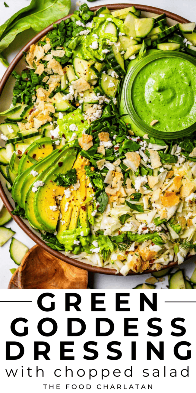 pinterest image of green goddess salad with text "green goddess dressing with chopped salad".