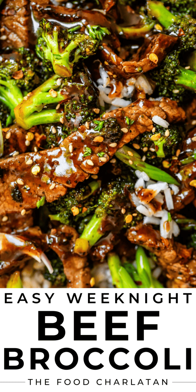 close up of strips of beef, broccoli florets, and rice, with sesame seeds.