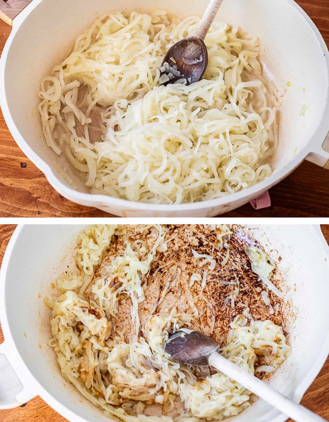 top pic: onions in pan, bottom, onions starting to brown and scorch.