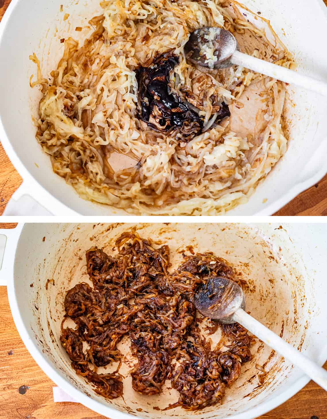 top pic: beef base in pan with browned onions, bottom pic wooden spoon mixing them together.